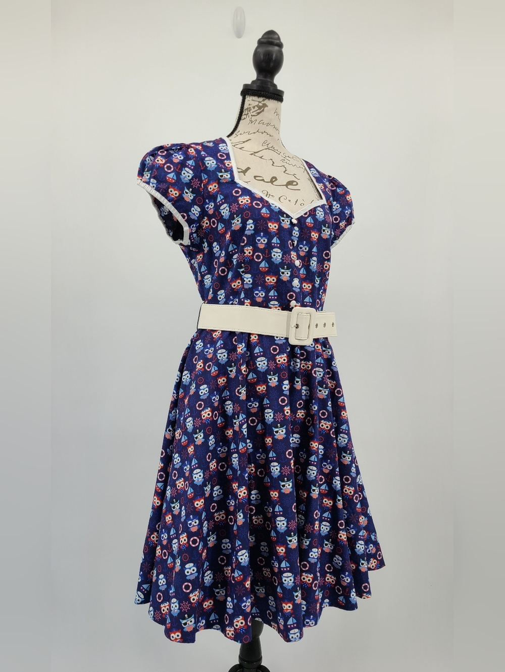 ModCloth Nautical Owl Print Belted Fit-and-Flare Cotton Dress Size Medium